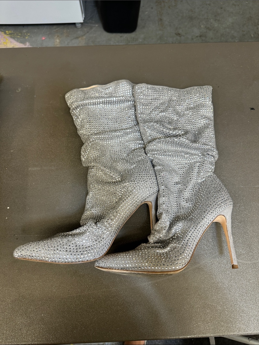 Silver Rhinestone Slouch Stiletto Boots - Women's 8.5